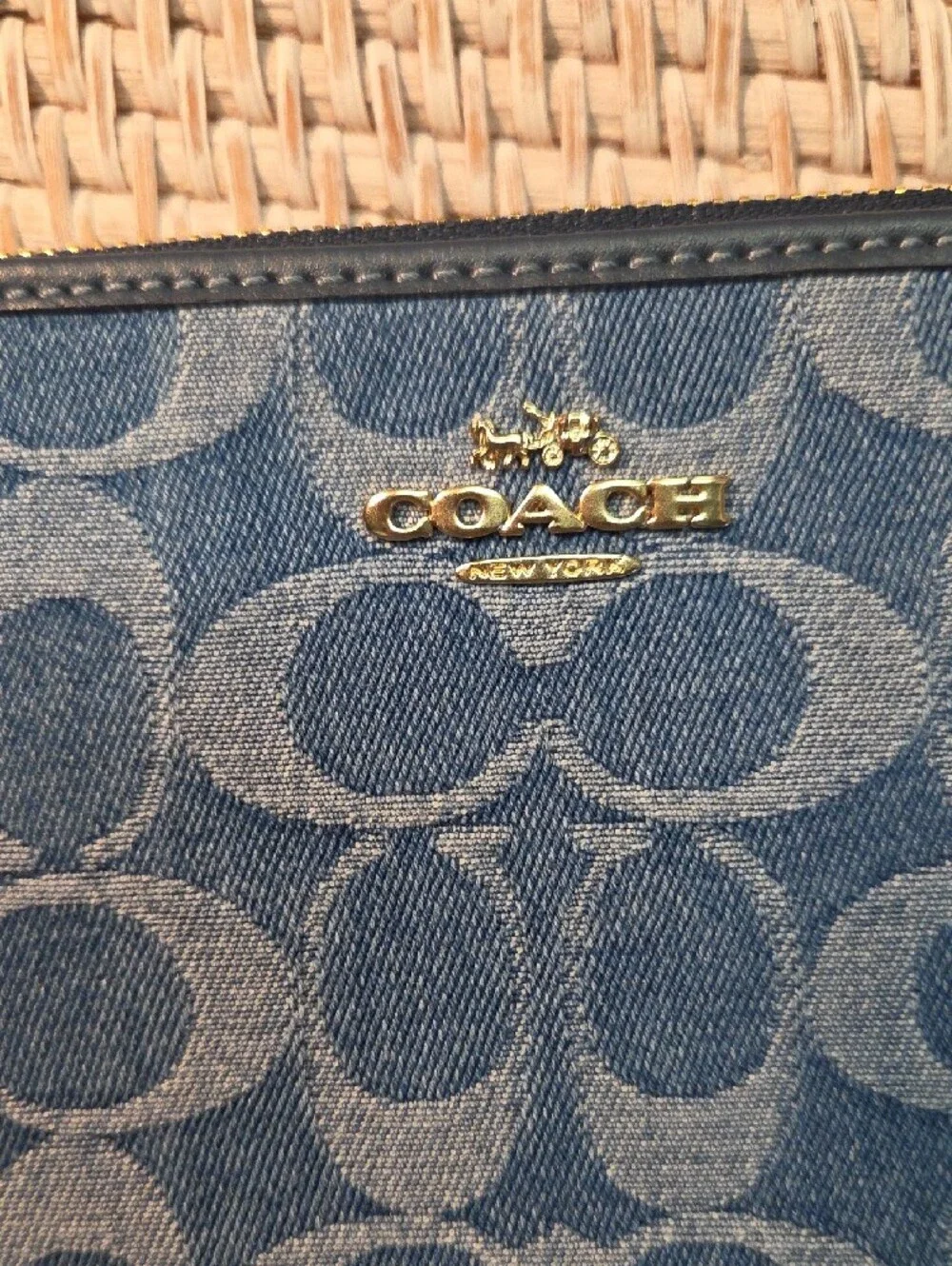 COACH Blue Signature Zip Wristlet with Brown Strap